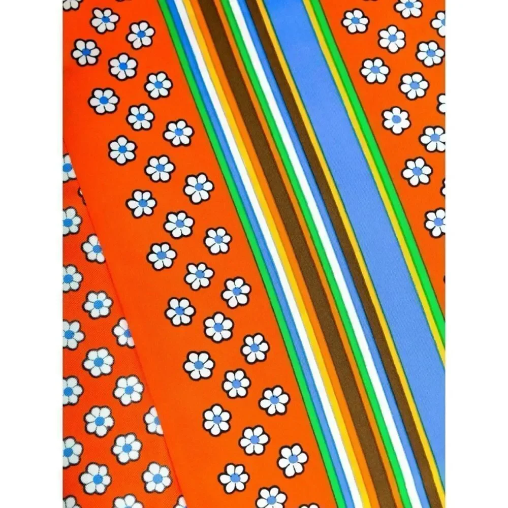 Vintage Yves Saint Laurent Rétro Bright Multicolor Floral Striped Silk Scarf
